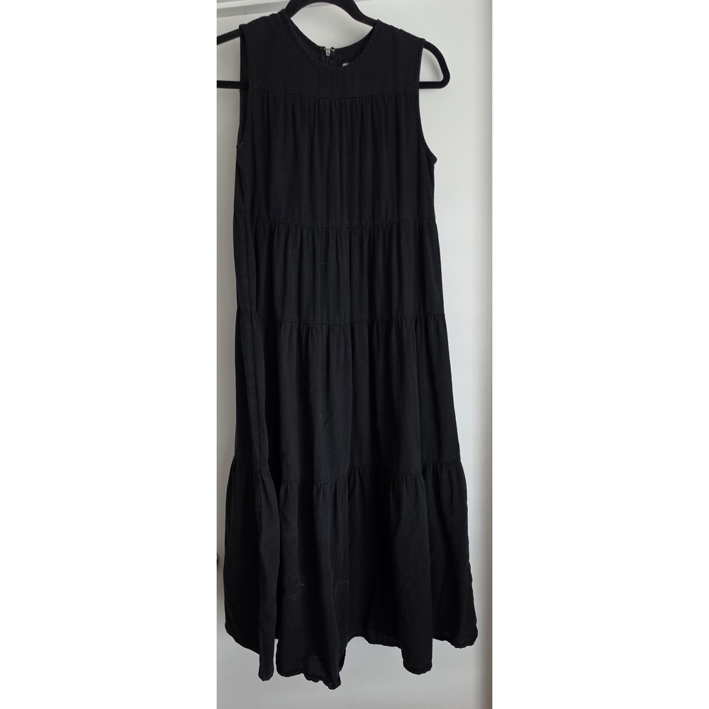 Mod Ref Maxi Dress S Black Solid Sleeveless Cotton Round Neck Long Gown Tiered